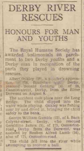 1937 – rescue of a boy – Derby Daily Telegraph 17 December 1937, p1 col3